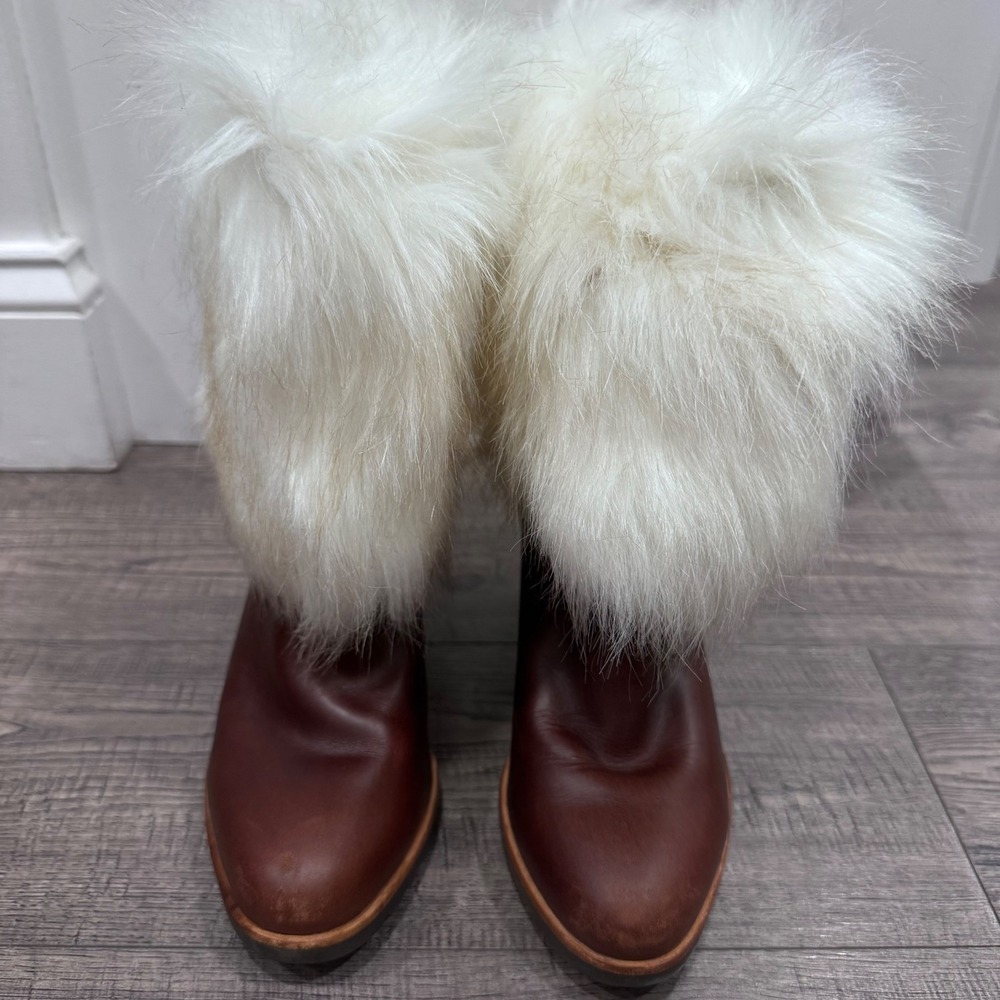 Sorel Lea Wedge Boots Brown Leather White Faux Fur Trim NL2472-286 Womens 8